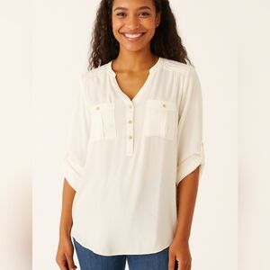 Chico's Cream Button-Down Shirt with Gold Accents